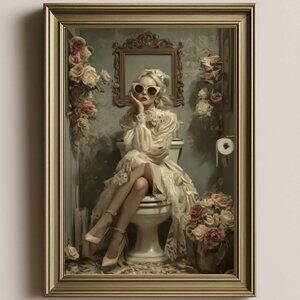 Bathroom Royalty Art Print | Baroque Floral Bathroom Portrait | Glam Art